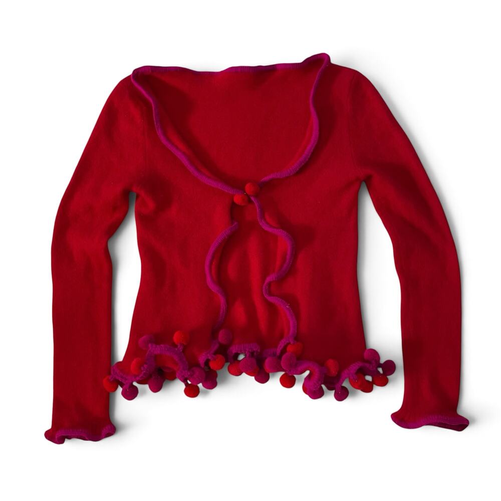 Girls Red Magenta Pom Pom Hem Cardigan Sweater Estimated Size 12
